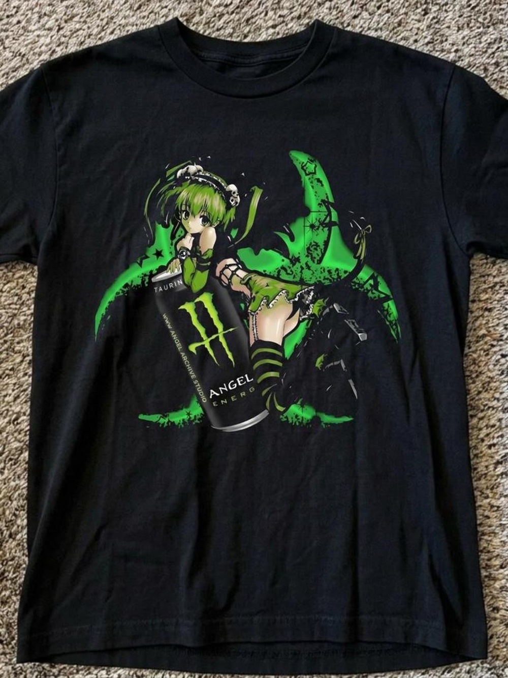 Gildan Black T-Shirt with Bright Green Anime Energy Graphic